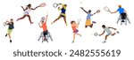 Set of different sports men and women big tennis players wearing tennis sportswear. Professional sportsmen holding racket, hitting ball. Vector illustrations isolated on white background.