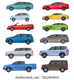 Set of different sports, passenger, off-road vehicles, passengers cars, different types: sedan, jeep, hatchback. Racing, trip around city, travel Passenger car side view Vector illustration