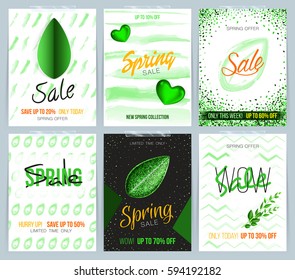 Set of different spring card with green leaf and watercolor hand-drawn pattern for sale and discount.