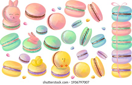 Set with different spring Easter macaroons. Illustration for restaurant and cafe menu