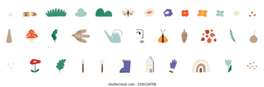 Set of different spring elements. Abstract flowers and plants, butterfly, bird, mushrooms, rainbow, mountain, natural, garden. All elements are isolated.Modern illustrations on the theme of springtime