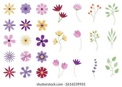 Set of different spring flowers isolated on white backgrpound. Design elements. Spring and summer elements. Flat flowers for postcards, clipart, celebration,  party, stikers. Vector illustration. 