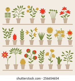 Set of different spring flowers in pots. Vector Illustration.