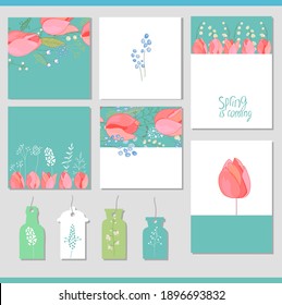 Se establece con diferentes tarjetas de felicitación de primavera. Plantillas de fiesta de Pascua para su diseño