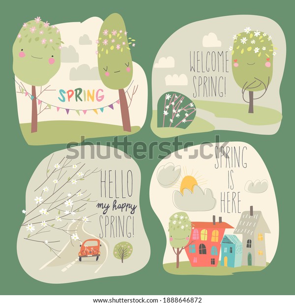 Set of different spring landscape with funny\
cartoon trees
