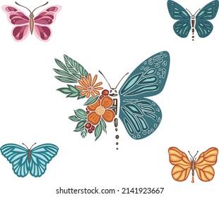Set of different spring solar butterflies moth, vector illustration