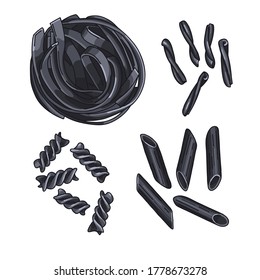 Set of different squid ink pasta types: fettuccine, casarecce, fusilli, and penne. Illustration of Italian cuisine staples. Uncooked dry black pasta isolated on white background.