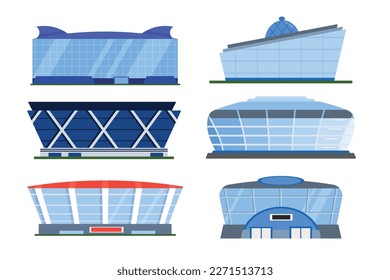 Set of different stadiums, football arenas in a cartoon style. Vector illustration of modern sports stadiums for football championships isolated on white background.