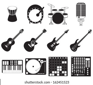 Set of different stage music instruments.