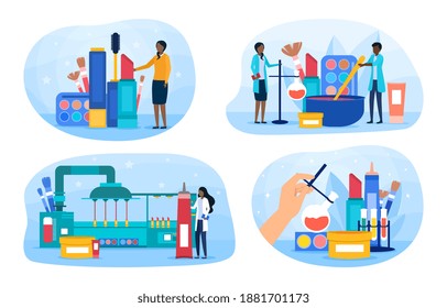 Set of different stages of cosmetic production. Concept of people in uniform working at the factory to make and sell cosmetics. Flat cartoon vector illustration