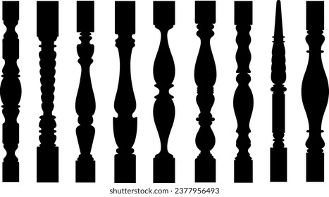 Set of different stair spindles and balusters isolated on white