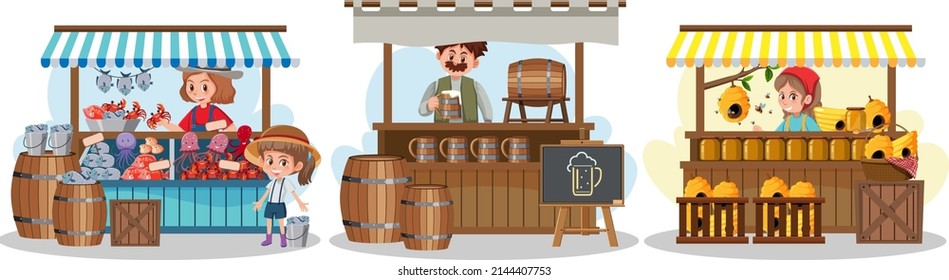 Reihe verschiedener Stall-Market-Shops - IlluIllustration