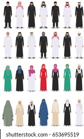 Set of different standing arab adult and old people in the traditional muslim arabic clothing isolated on white background in flat style. Vector illustration.