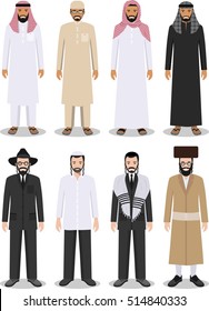 Set of different standing arab and jewish men in the traditional clothing isolated on white background in flat style. Differences Israelis and muslims in the national dress. Vector illustration.