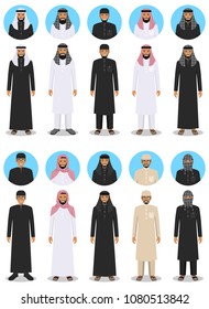 Set of different standing arab men in the traditional muslim arabic clothing in flat style. Muslim, arabic clothing, east arabian dress. Differences islamic people characters avatars icons. Vector.