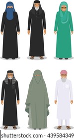 Set of different standing arab old people in the traditional muslim arabic clothing isolated on white background in flat style. Arab traditional muslim, arabic clothing, east arabian dress. Vector.