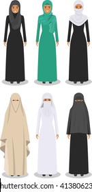 Set of different standing arab women in the traditional muslim arabic clothing isolated on white background in flat style. Arab traditional muslim, arabic clothing, east arabian dress. Vector.