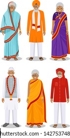 Set of different standing indian old in the traditional clothing isolated on white background in flat style. Differences senior people men and women in the national east dress. Vector illustration.