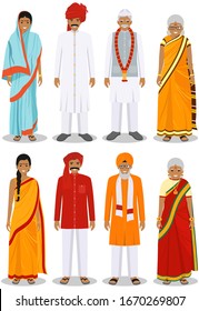 Set Of Different Standing Indian Old People In The Traditional Clothing Isolated On White Background In Flat Style. Differences Senior Men And Women In The National East Dress. Vector Illustration.