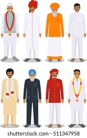 Set of different standing indian old and young men in the traditional clothing isolated on white background in flat style. Differences people in the east dress. Vector illustration.