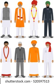 Set Of Different Standing Indian Old And Young Men In The Traditional Clothing Isolated On White Background In Flat Style. Differences People In The East Dress. Vector Illustration.