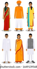 Set of different standing indian young adult women and men in the traditional clothing isolated on white background in flat style. Differences people in the national east dress. Vector illustration.