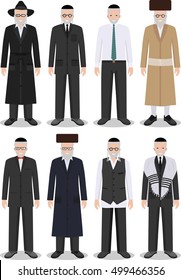 Set of different standing jewish old men in the traditional clothing isolated on white background in flat style. Differences Israelis in the national dress. Vector illustration.