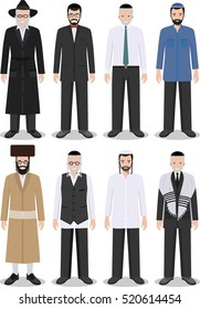 Set of different standing jewish old and young men in the traditional clothing isolated on white background in flat style. Differences Israelis in the national dress. Vector illustration.