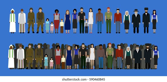 Set of different standing jewish old, young men and woman in the traditional and casual clothing. Differences Israelis in the national dress.IDF, Israelis soldier. Ethiopians. Vector illustration.