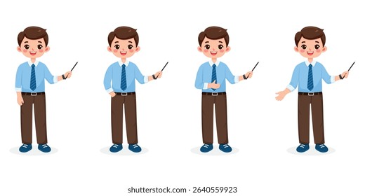 Set of different standing smiling and friendly business man teacher in a shirt and tie, shows wooden pointer pencil on white background. Vector illustration in flat cartoon style