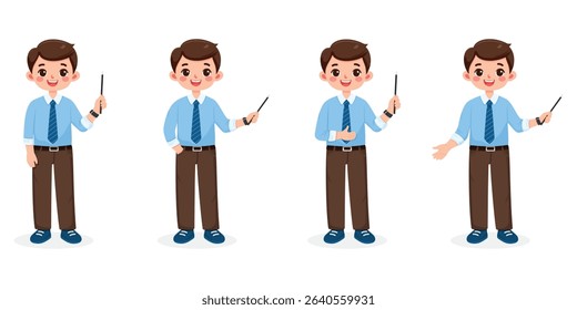 Set of different standing smiling and friendly business man teacher in a shirt and tie, shows wooden pointer pencil on white background. Vector illustration in flat cartoon style