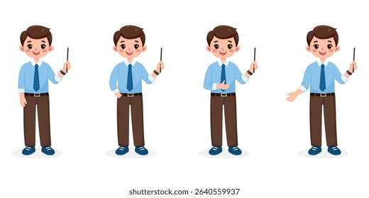 Set of different standing smiling and friendly business man teacher in a shirt and tie, shows wooden pointer pencil on white background. Vector illustration in flat cartoon style