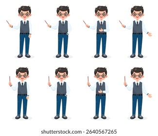 Set of different standing smiling and friendly business man teacher with glasses, shirt, vest, tie and jeans, shows wooden pointer pencil on white background. Vector illustration in flat cartoon style