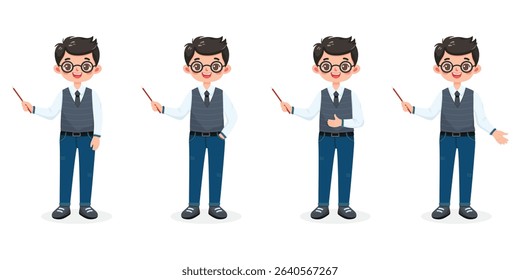 Set of different standing smiling and friendly business man teacher with glasses, shirt, vest, tie and jeans, shows wooden pointer pencil on white background. Vector illustration in flat cartoon style