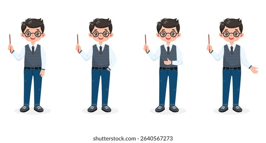 Set of different standing smiling and friendly business man teacher with glasses, shirt, vest, tie and jeans, shows wooden pointer pencil on white background. Vector illustration in flat cartoon style