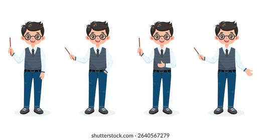 Set of different standing smiling and friendly business man teacher with glasses, shirt, vest, tie and jeans, shows wooden pointer pencil on white background. Vector illustration in flat cartoon style