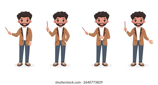 Set of different standing smiling and friendly business man teacher with a beard in a stylish jacket, shows wooden pointer pencil on white background. Vector illustration in flat cartoon style