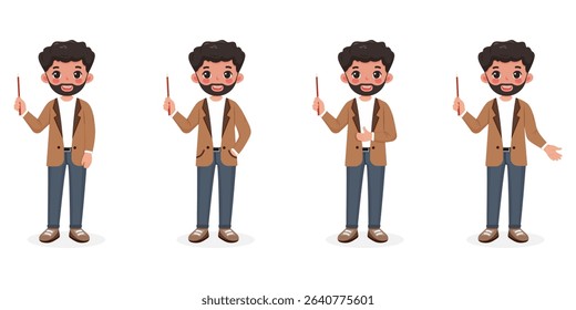 Set of different standing smiling and friendly business man teacher with a beard in a stylish jacket, shows wooden pointer pencil on white background. Vector illustration in flat cartoon style