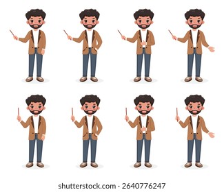 Set of different standing smiling and friendly business man teacher with a beard in a stylish jacket, shows wooden pointer pencil on white background. Vector illustration in flat cartoon style