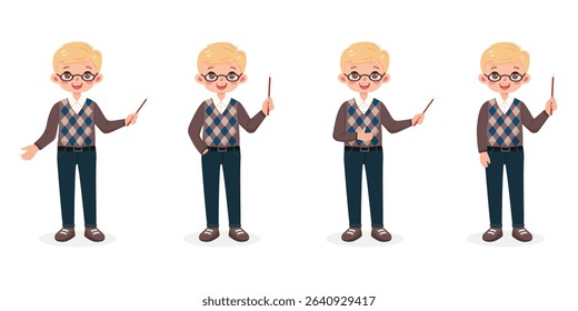 Set of different standing smiling and friendly business man teacher with glasses and with blond hair. Cartoon character with pointer pencil on white background. Vector illustration in flat style