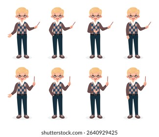 Set of different standing smiling and friendly business man teacher with glasses and with blond hair. Cartoon character with pointer pencil on white background. Vector illustration in flat style
