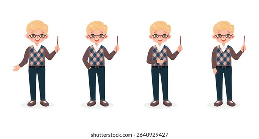 Set of different standing smiling and friendly business man teacher with glasses and with blond hair. Cartoon character with pointer pencil on white background. Vector illustration in flat style