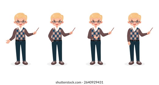 Set of different standing smiling and friendly business man teacher with glasses and with blond hair. Cartoon character with pointer pencil on white background. Vector illustration in flat style