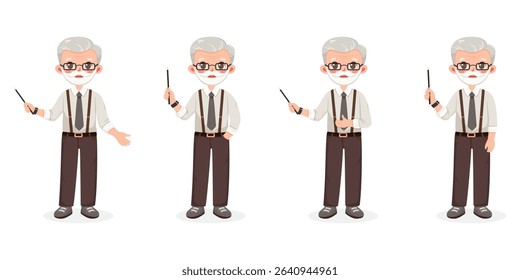Set of different standing smiling and friendly business man teacher with glasses and with blond hair. Cartoon character with pointer pencil on white background. Vector illustration in flat style