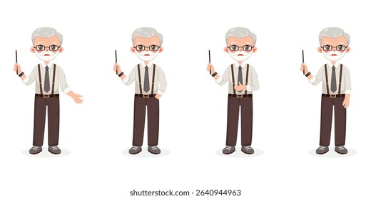 Set of different standing smiling and friendly business man teacher with glasses and with blond hair. Cartoon character with pointer pencil on white background. Vector illustration in flat style