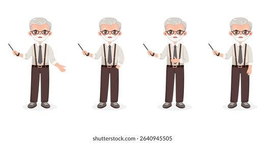 Set of different standing smiling and friendly business man teacher with glasses and with blond hair. Cartoon character with pointer pencil on white background. Vector illustration in flat style