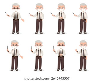 Set of different standing smiling and friendly business man teacher with glasses and with blond hair. Cartoon character with pointer pencil on white background. Vector illustration in flat style