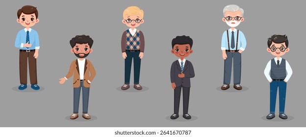 Set of different standing smiling and friendly business man teacher on grey background. Character of different age and multinationals. Vector illustration in flat cartoon style