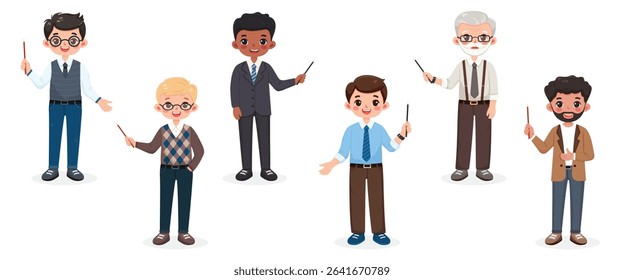 Set of different standing smiling and friendly business man teacher with pointer pencil on white background. Character of different age and multinationals. Vector illustration in flat cartoon style