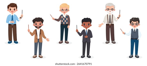 Set of different standing smiling and friendly business man teacher with pointer pencil on white background. Character of different age and multinationals. Vector illustration in flat cartoon style